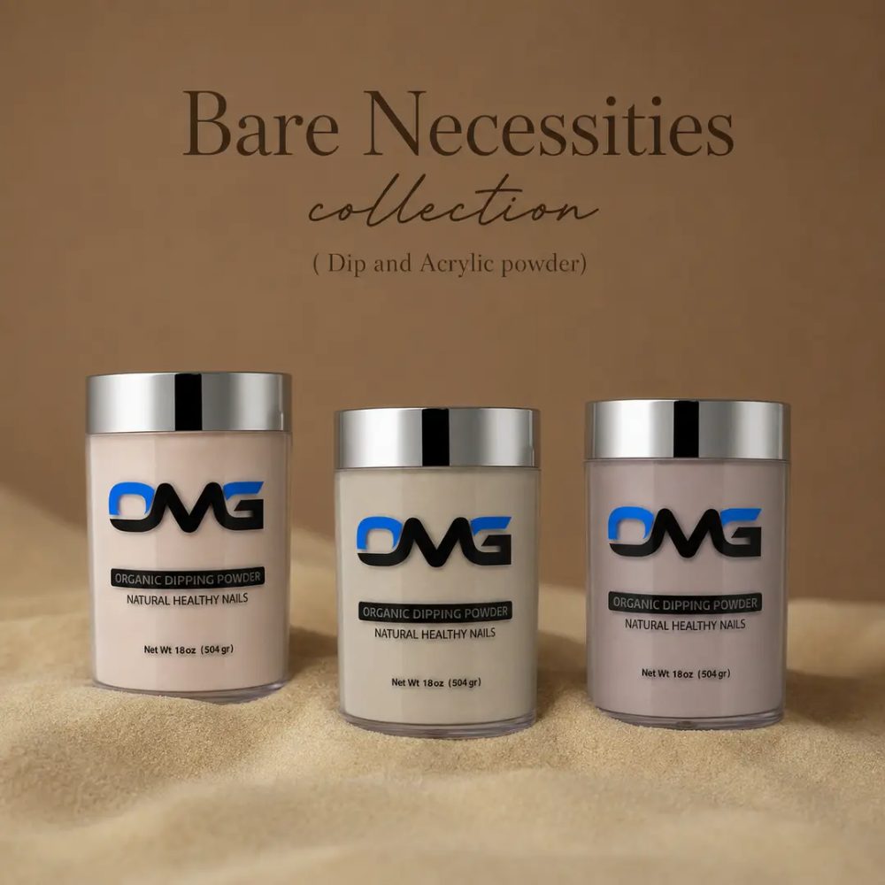 Three OMG 504g bulk dipping powder jars in neutral shades from the Bare Necessities collection