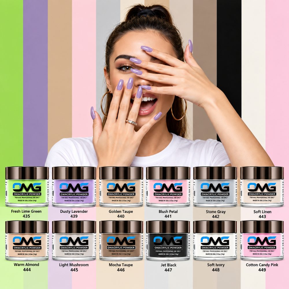 A model with lavender nails above two rows of OMG acrylic powder jars labelled with shade names and numbers