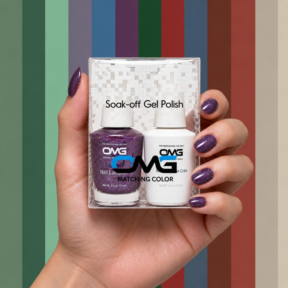 A hand with purple glitter nails holding an OMG matching soak-off gel and nail lacquer pack
